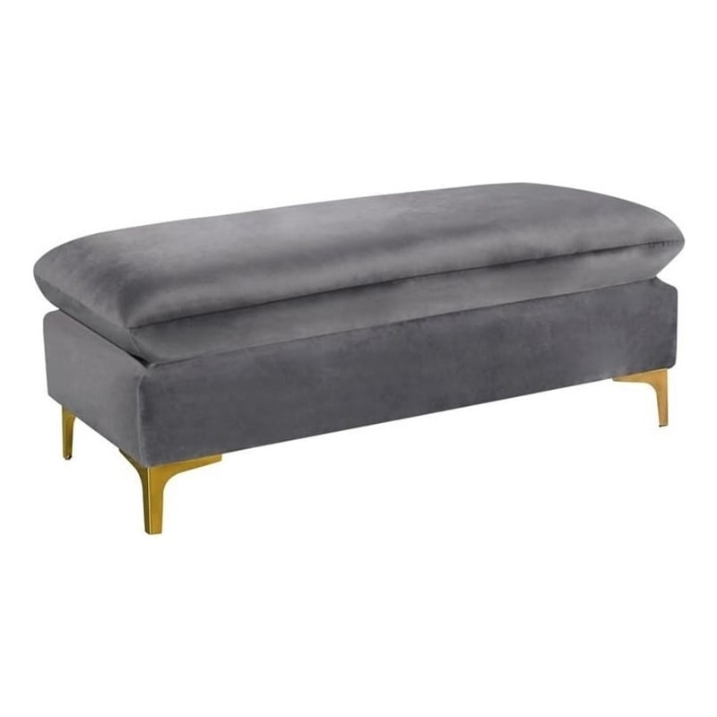 Maklaine Contemporary Upholstered Gray Velvet Ottoman with Gold & Chrome Legs