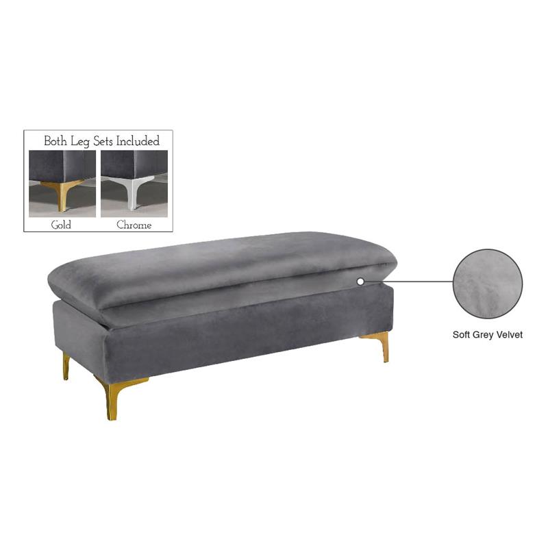 Maklaine Contemporary Upholstered Gray Velvet Ottoman with Gold & Chrome Legs