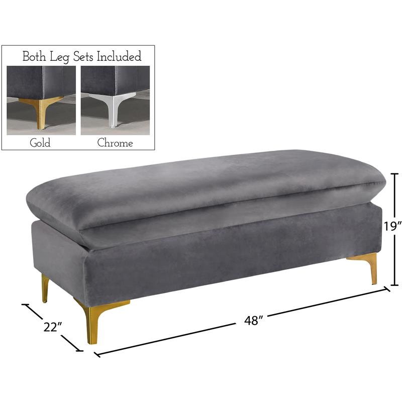 Maklaine Contemporary Upholstered Gray Velvet Ottoman with Gold & Chrome Legs