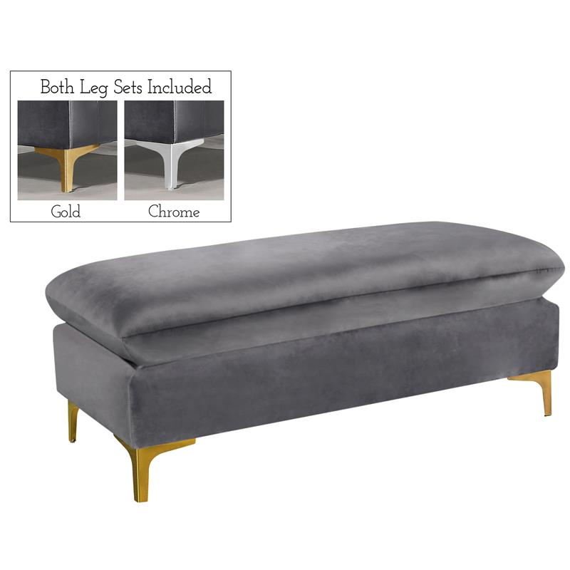 Maklaine Contemporary Upholstered Gray Velvet Ottoman with Gold & Chrome Legs