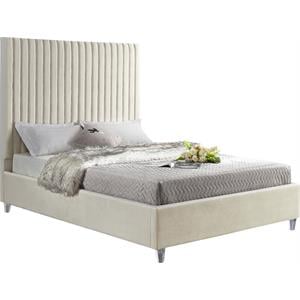 Maklaine Contemporary Deep Detailed Channel Tufted Cream Velvet Queen Bed