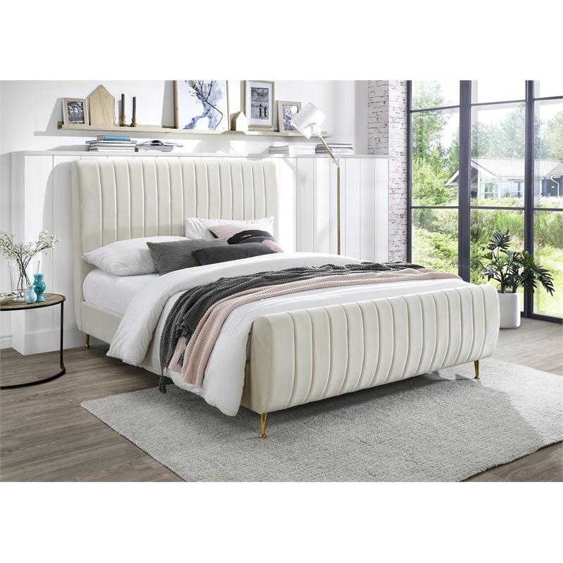 Maklaine Contemporary Deep Detailed Channel Tufted Rich Cream Velvet King Bed