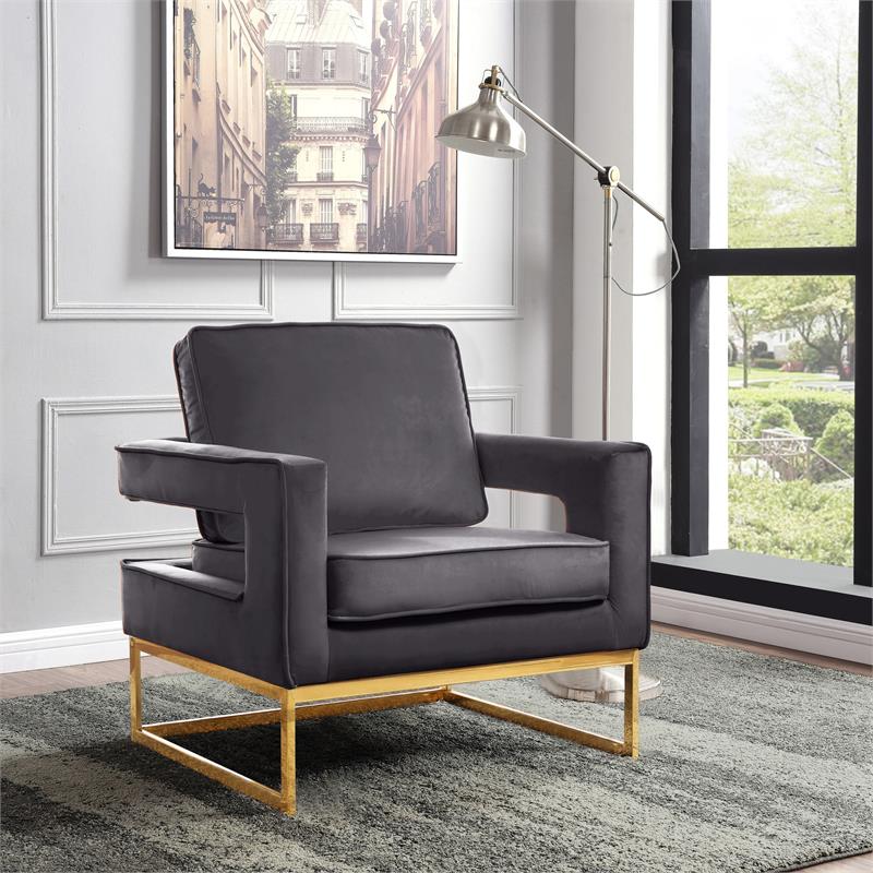Maklaine Modern Gray Velvet Accent Chair with Gold Iron Base