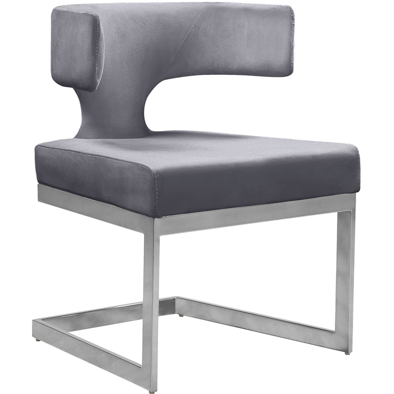 Maklaine Contemporary Gray Velvet Dining Chair with Rich Chrome Metal Base