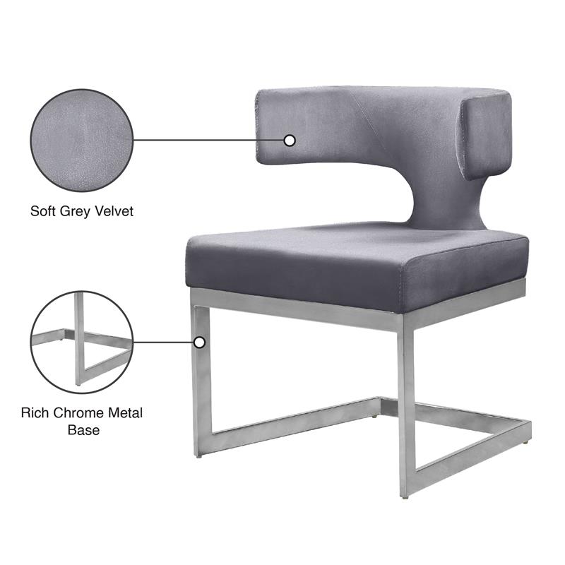 Maklaine Contemporary Gray Velvet Dining Chair with Rich Chrome Metal Base