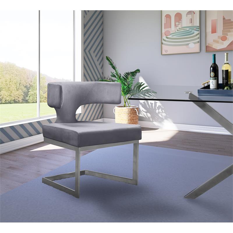 Maklaine Contemporary Gray Velvet Dining Chair with Rich Chrome Metal Base