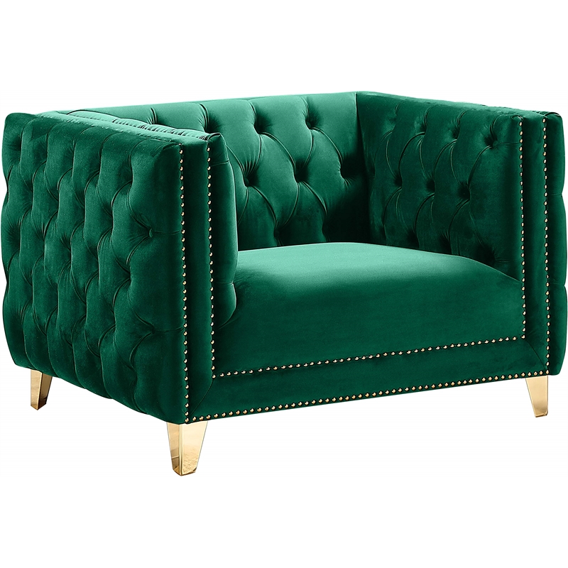 Maklaine Contemporary Green Velvet Chair with Gold Nailheads and Iron Legs