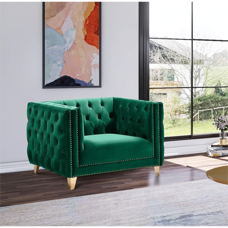 Maklaine Contemporary Green Velvet Chair with Gold Nailheads and Iron Legs