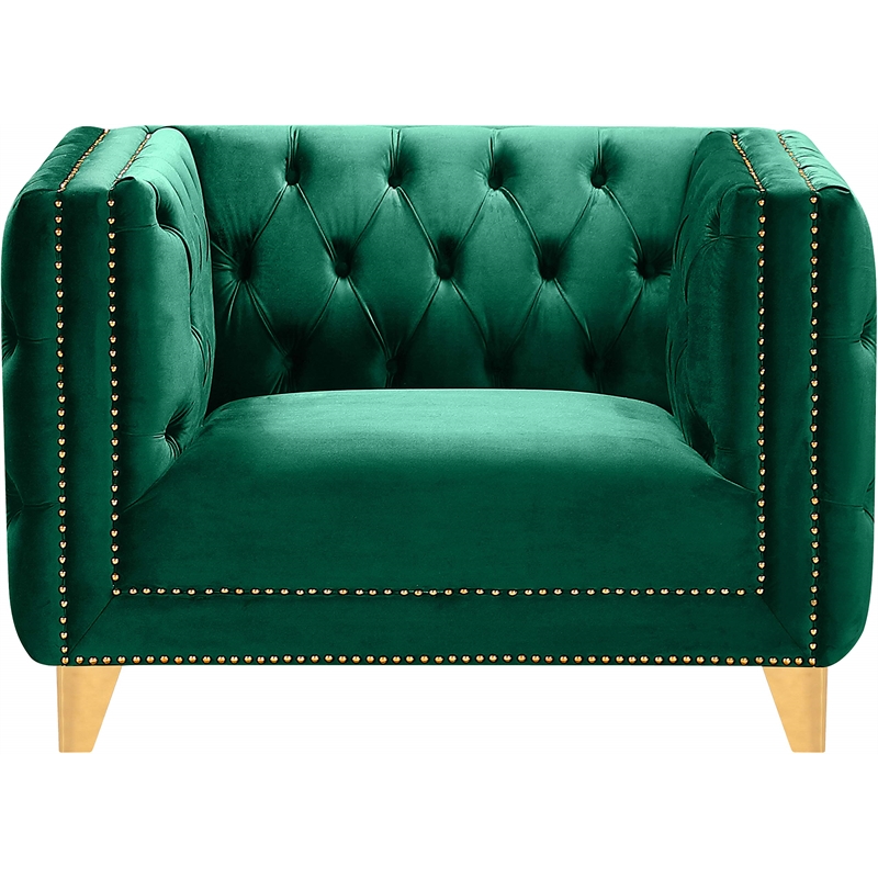 Maklaine Contemporary Green Velvet Chair with Gold Nailheads and Iron Legs