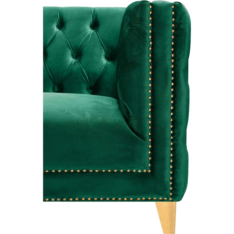 Maklaine Contemporary Green Velvet Chair with Gold Nailheads and Iron Legs