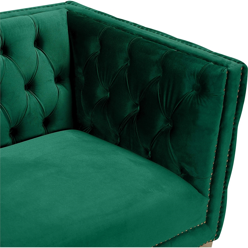 Maklaine Contemporary Green Velvet Chair with Gold Nailheads and Iron Legs
