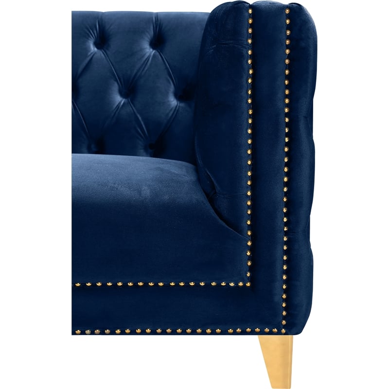 Maklaine Contemporary Navy Velvet Chair with Gold Nailheads and Iron Legs