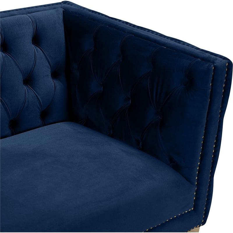 Maklaine Contemporary Navy Velvet Chair with Gold Nailheads and Iron Legs