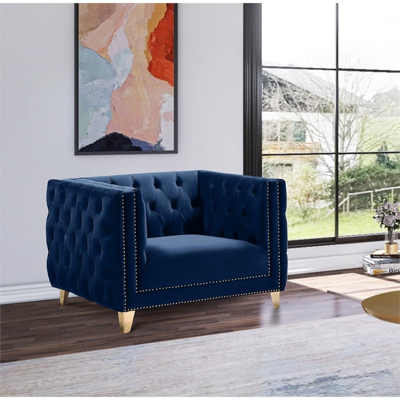 Maklaine Contemporary Navy Velvet Chair with Gold Nailheads and Iron Legs
