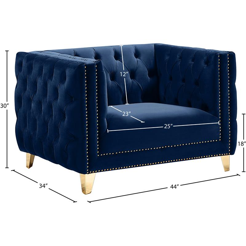 Maklaine Contemporary Navy Velvet Chair with Gold Nailheads and Iron Legs