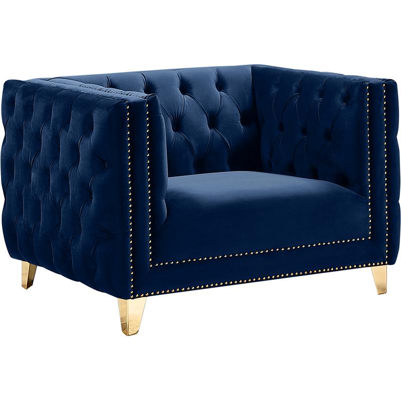 Maklaine Contemporary Navy Velvet Chair with Gold Nailheads and Iron Legs