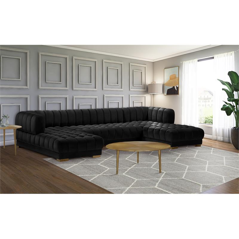 Maklaine Contemporary Deep Biscuit Tufted Black Velvet 3pc. Sectional