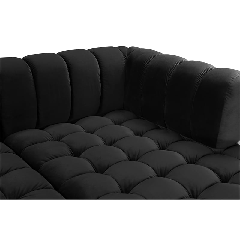 Maklaine Contemporary Deep Biscuit Tufted Black Velvet 3pc. Sectional