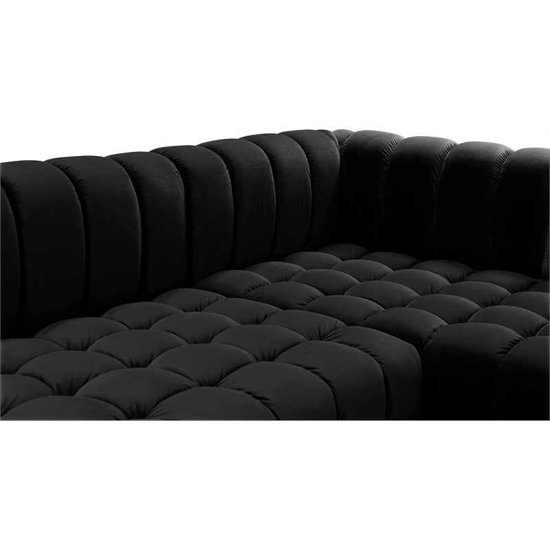 Maklaine Contemporary Deep Biscuit Tufted Black Velvet 3pc. Sectional