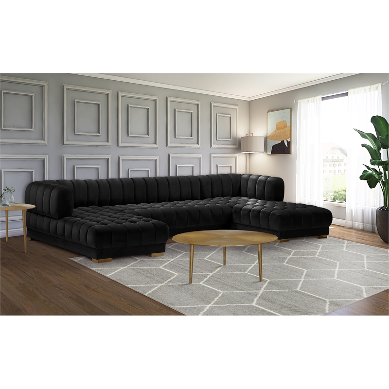 Maklaine Contemporary Deep Biscuit Tufted Black Velvet 3pc. Sectional