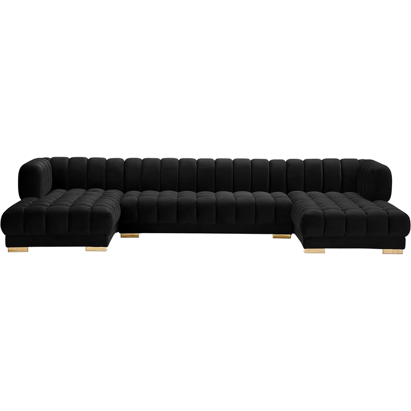 Maklaine Contemporary Deep Biscuit Tufted Black Velvet 3pc. Sectional