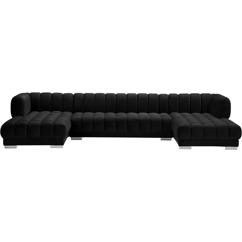 Maklaine Contemporary Deep Biscuit Tufted Black Velvet 3pc. Sectional