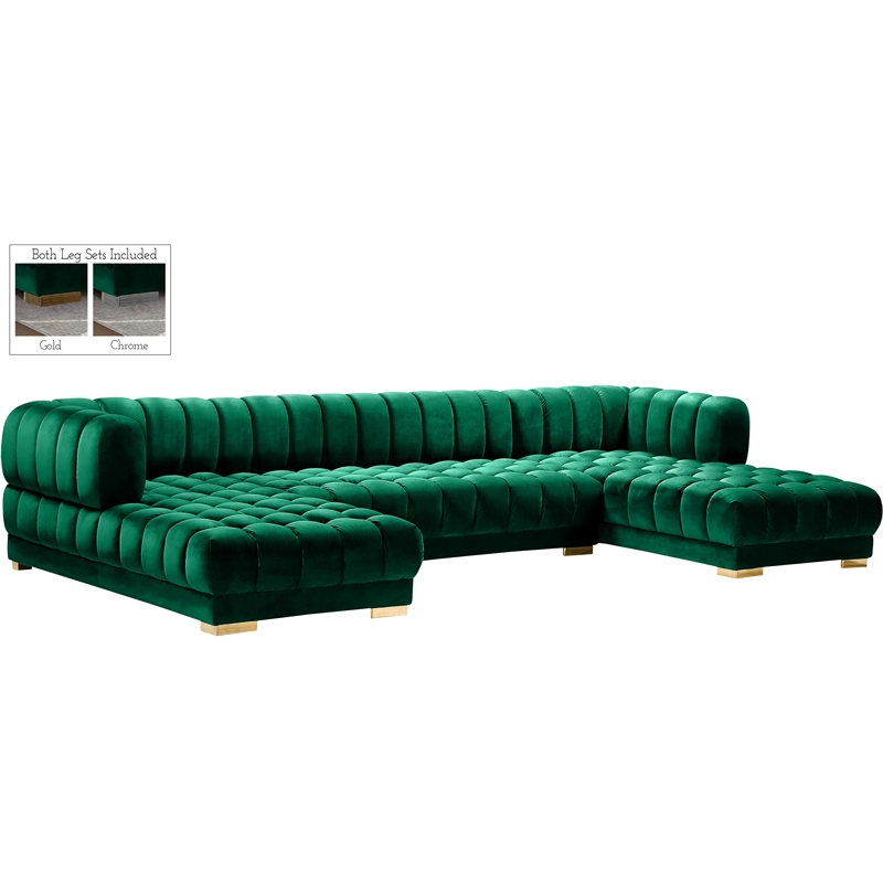Maklaine Contemporary Deep Biscuit Tufted Green Velvet 3pc. Sectional