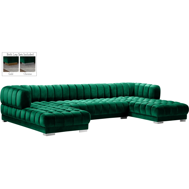 Maklaine Contemporary Deep Biscuit Tufted Green Velvet 3pc. Sectional