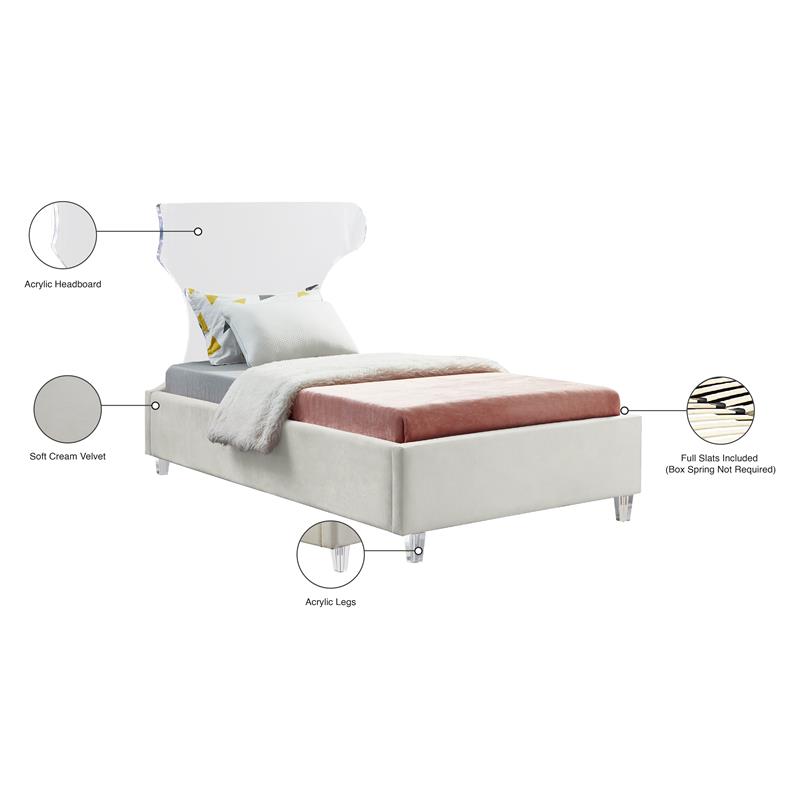 Maklaine Cream Velvet Twin Bed with Acrylic Headboard and Legs