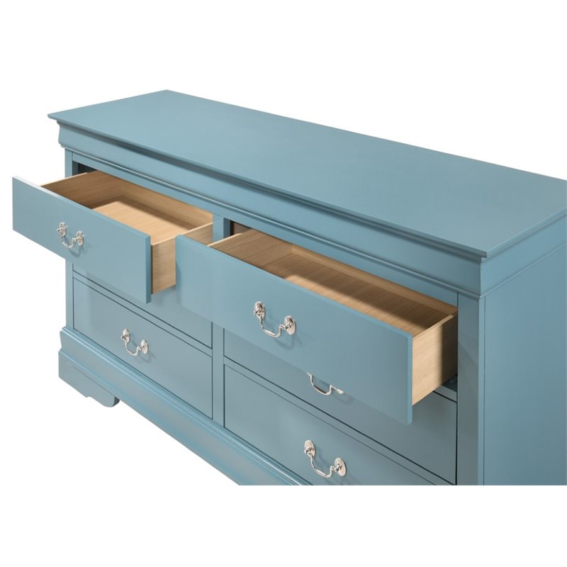 Maklaine Contemporary Manufactured Wood 6 Drawer Dresser in Teal
