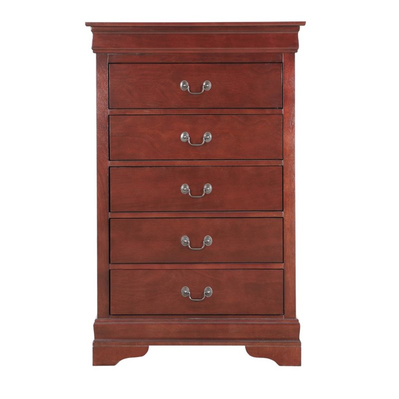 Maklaine Contemporary Manufactured Wood 5 Drawer Chest in Cherry