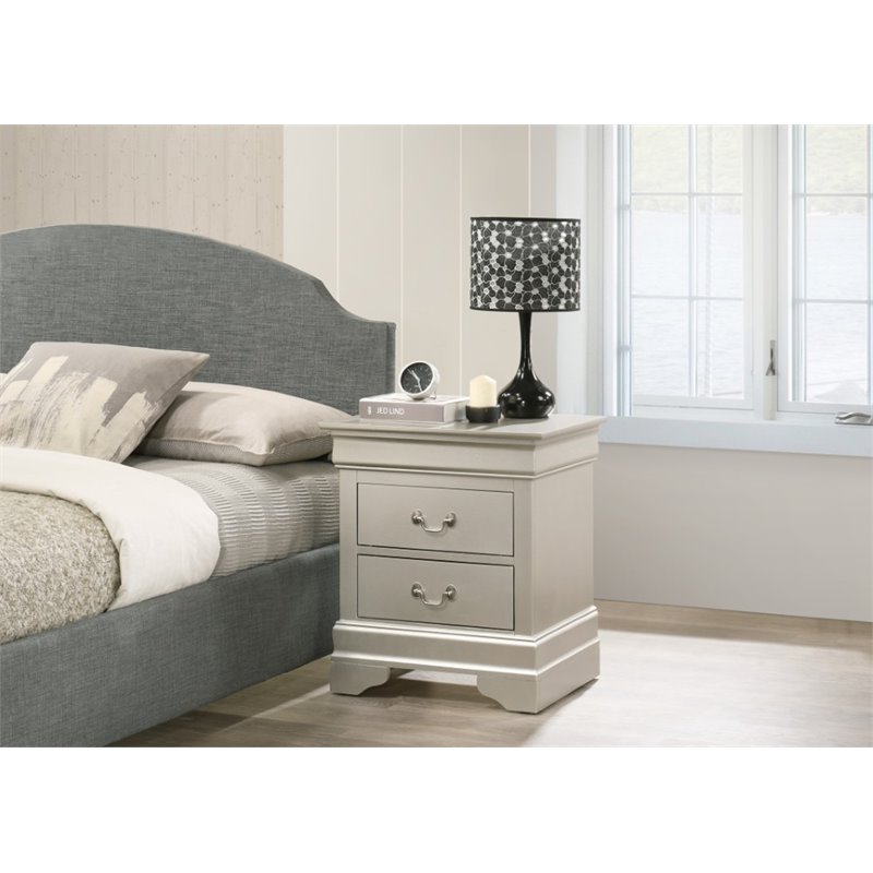 Maklaine Contemporary 2 Drawer Nightstand in Silver Champagne