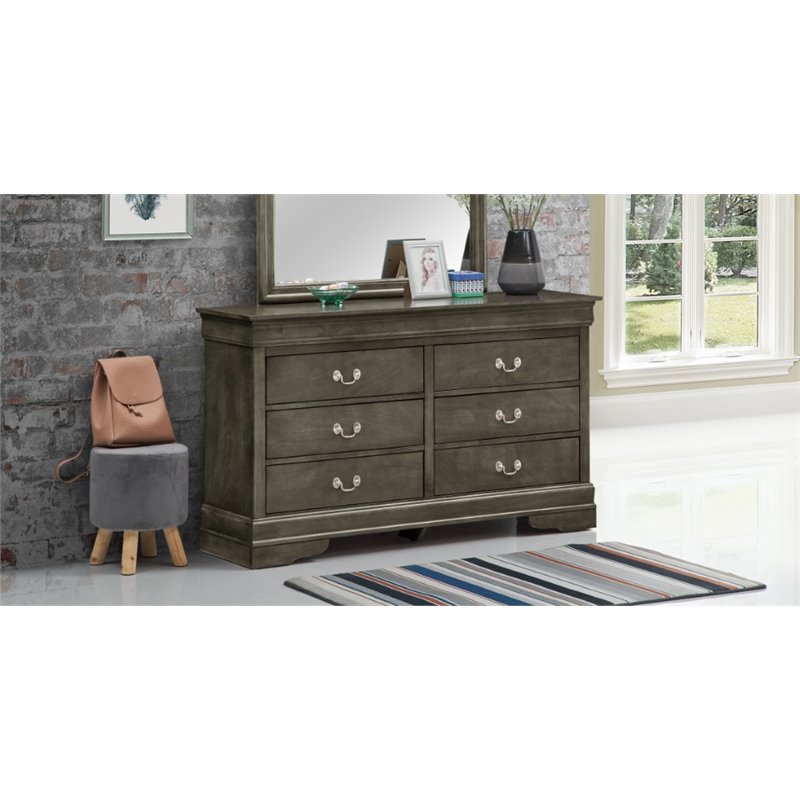 Maklaine Contemporary Manufactured Wood 6 Drawer Dresser in Gray
