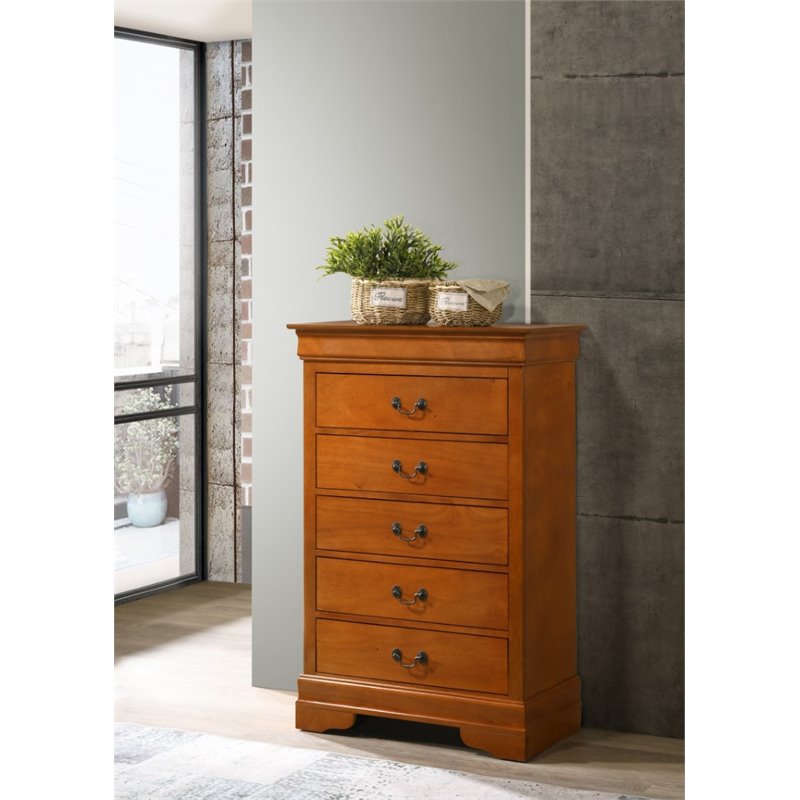Maklaine Contemporary Dovetailed Drawers 5 Drawer Chest in Oak