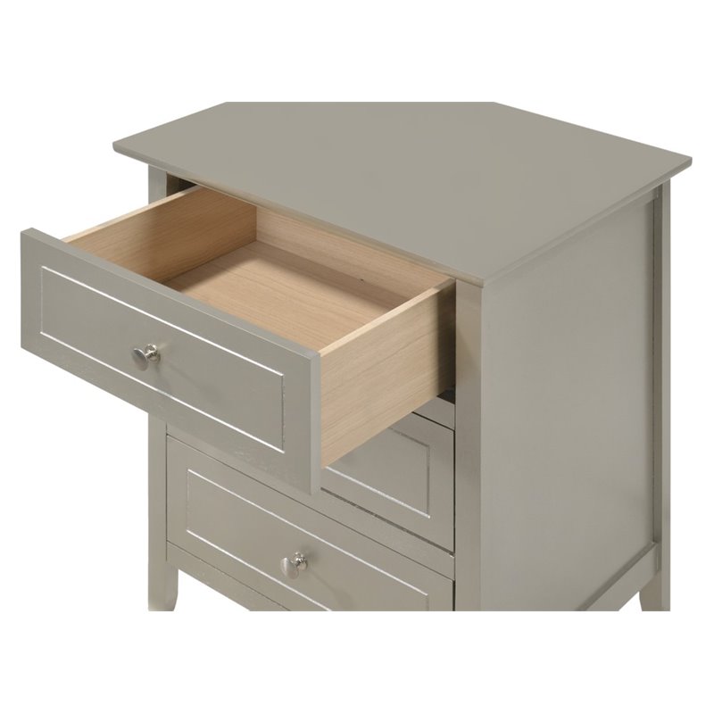 Maklaine Contemporary 3 Drawer Nightstand in Silver Champagne