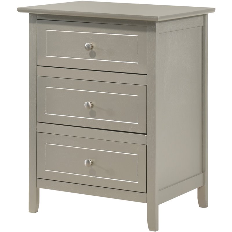 Maklaine Contemporary 3 Drawer Nightstand in Silver Champagne