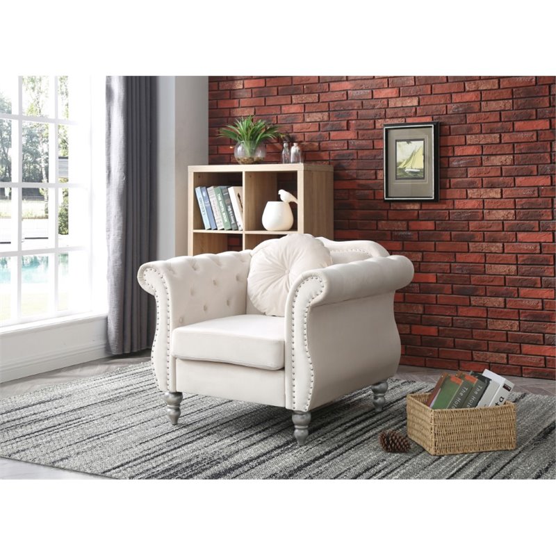 Maklaine Contemporary Velvet Chair in Ivory with 1 Throw Pillow