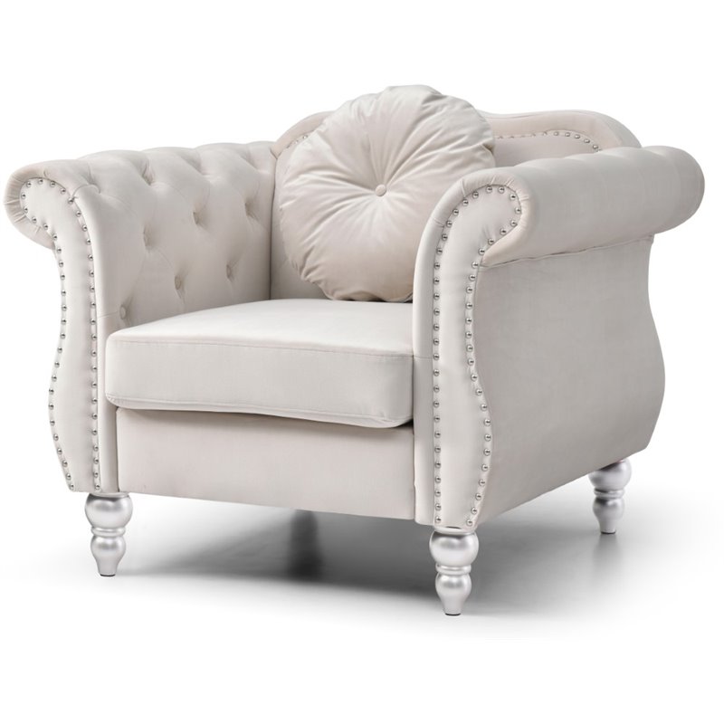 Maklaine Contemporary Velvet Chair in Ivory with 1 Throw Pillow