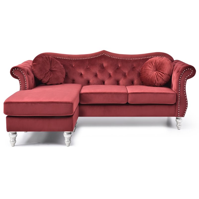 Maklaine Modern / Contemporary Velvet Sofa Chaise in Burgundy
