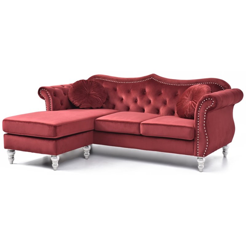 Maklaine Modern / Contemporary Velvet Sofa Chaise in Burgundy