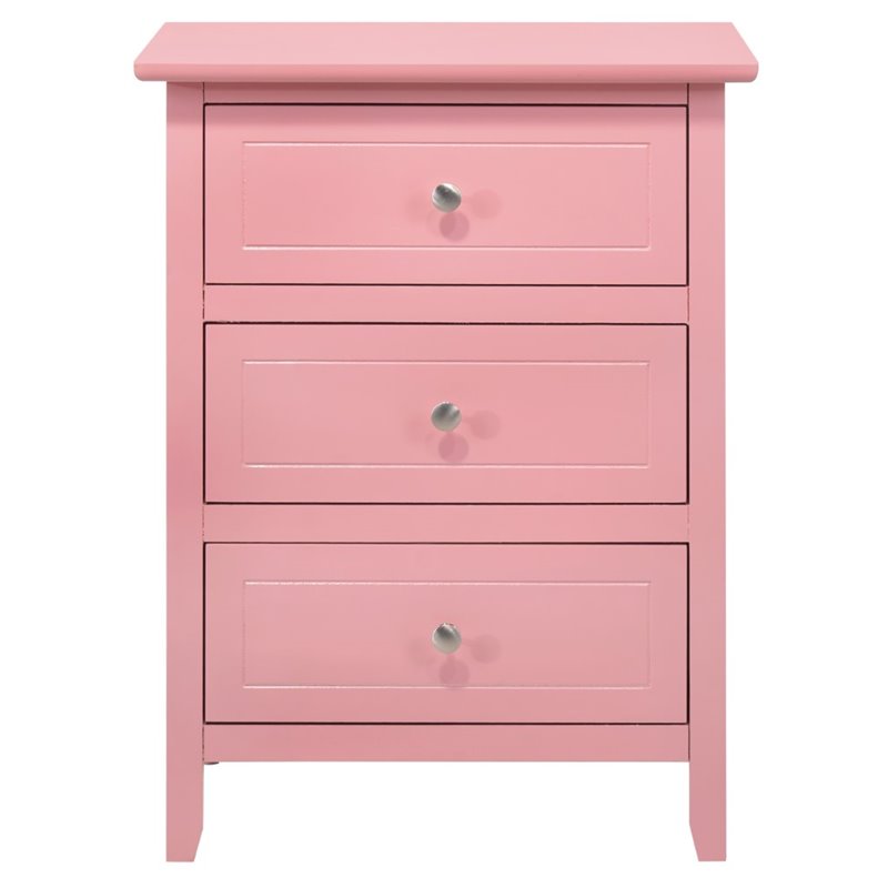 Maklaine Contemporary 3 Drawer Nightstand in Pink - Fully Assembled