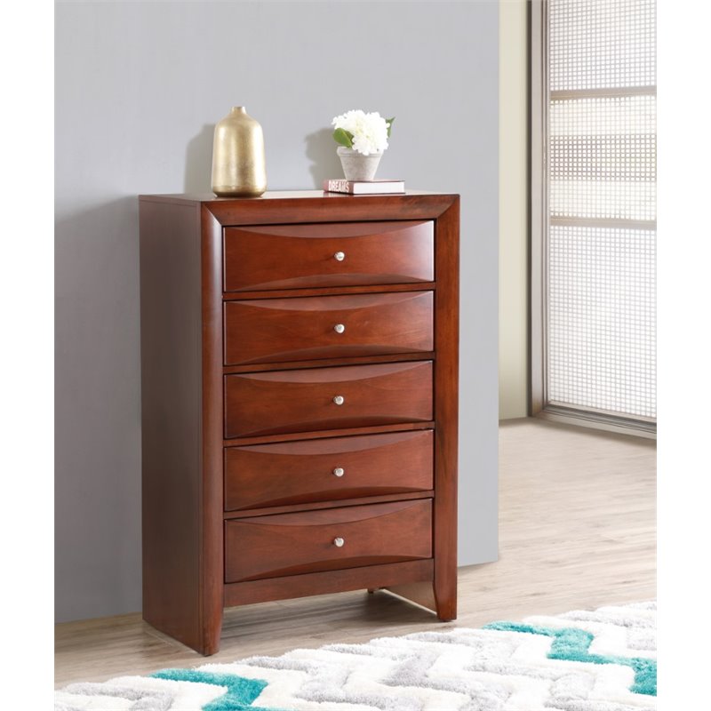 Maklaine Contemporary 5 Drawer Chest in Cherry - Fully Assembled
