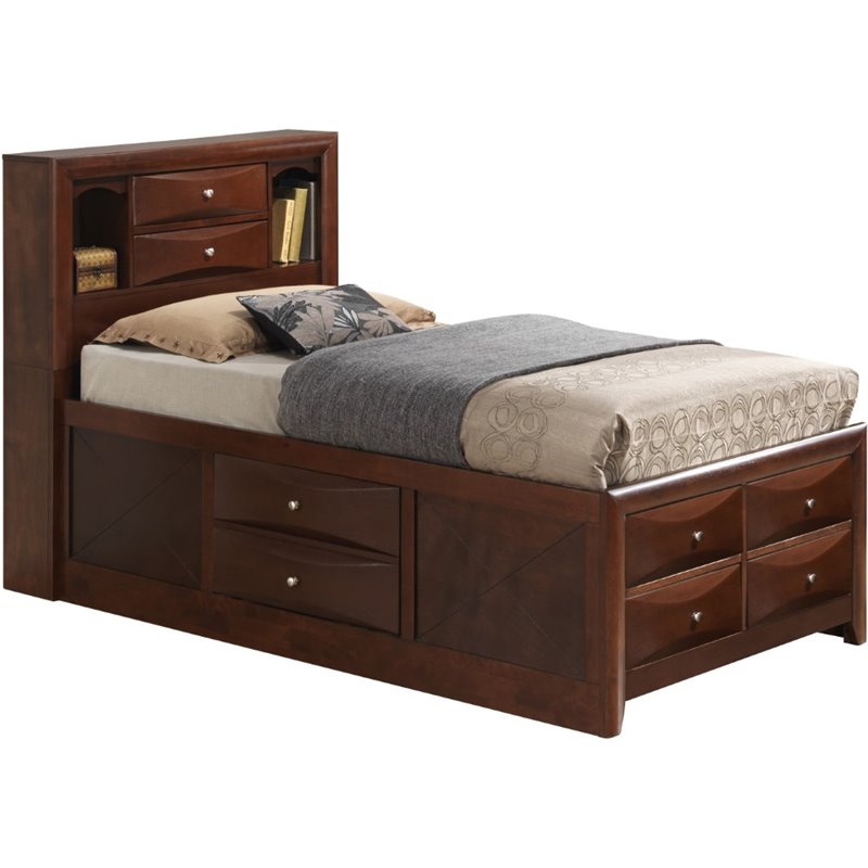 Maklaine Contemporary Twin Storage Bed in Cherry with Dovetailed Drawers