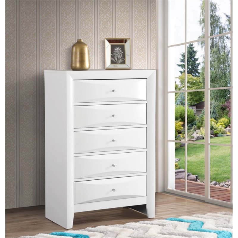 Maklaine Contemporary 5 Dovetailed Drawers Chest in White - Fully Assembled