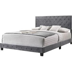 Maklaine Contemporary Velvet Upholstered King Bed in Gray Finish