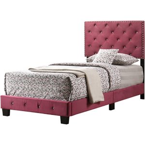 Maklaine Contemporary Velvet Upholstered Twin Bed in Cherry Finish