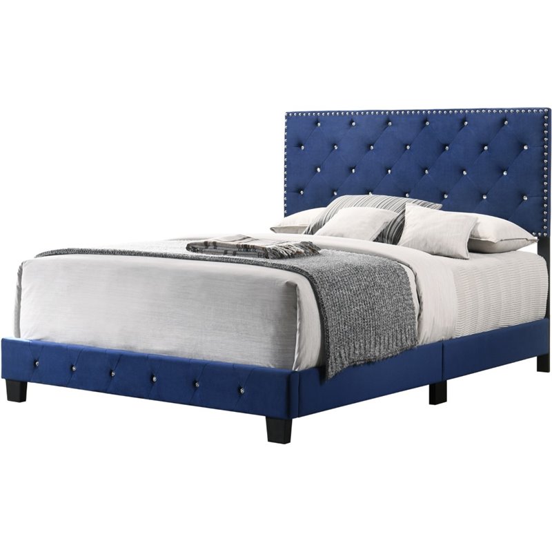 Maklaine Contemporary Velvet Upholstered Full Bed in Navy Blue