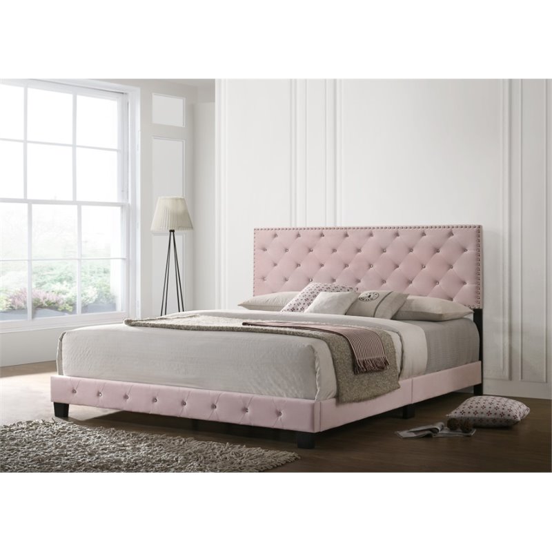 Maklaine Contemporary Velvet Upholstered King Bed in Pink Finish
