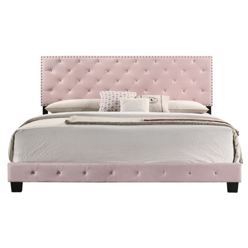 Maklaine Contemporary Velvet Upholstered King Bed in Pink Finish