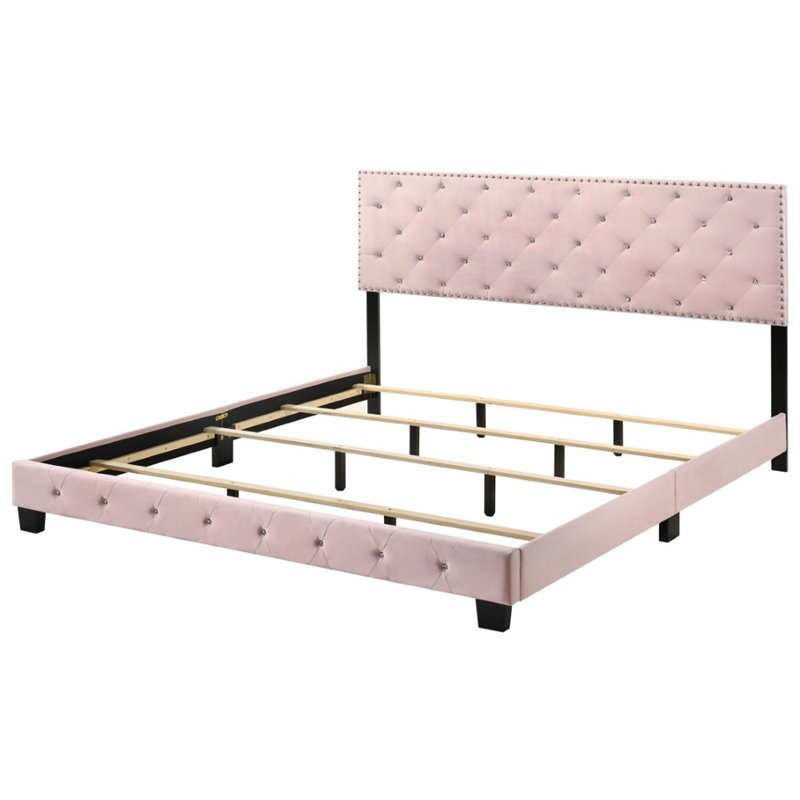 Maklaine Contemporary Velvet Upholstered King Bed in Pink Finish